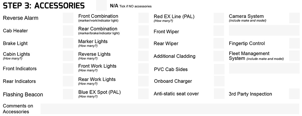 Accessories details needed for ATEX forklift quotations and getting prices for explosion protection